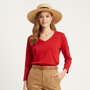 St. John Sport Marie Gray Red V Neck Long Sleeve Tee T Shirt Top M